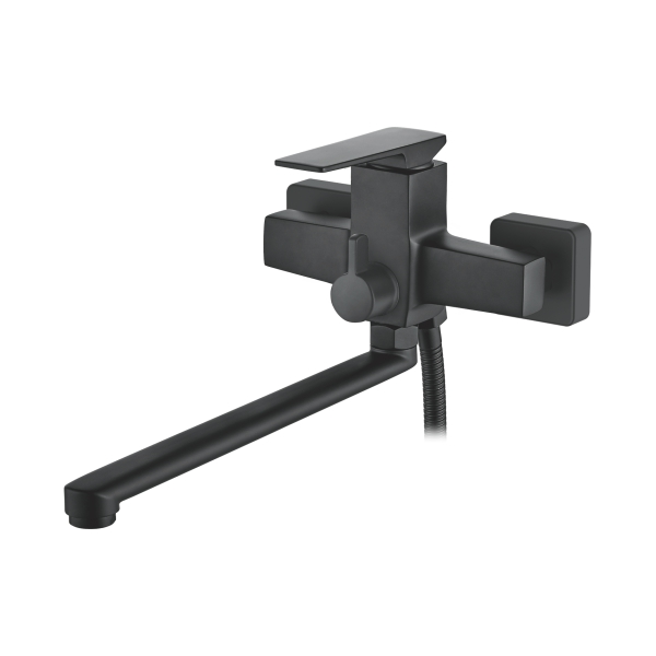 Смеситель для ванны универсальный с плоским изливом 350 мм, дивертор с керамическими пластинами, черный Accoona A71124F