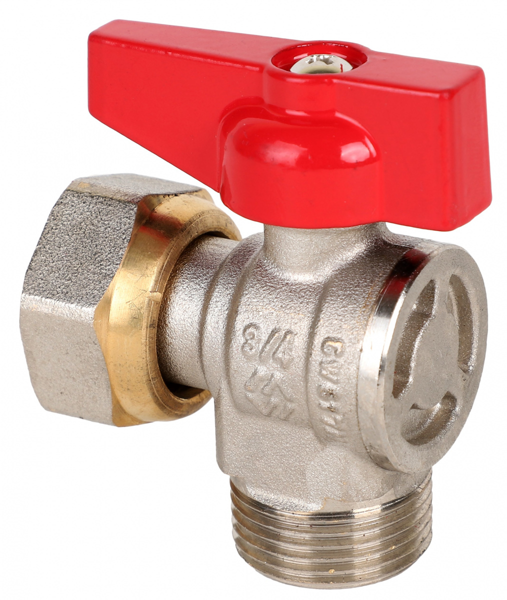 MVI Кран шаровый латунный Ду15 угловой, с накидной гайкой, внутренняя-наружная резьба, полнопроходной с ручкой-"бабочкой", Tmax=120С, Ру25