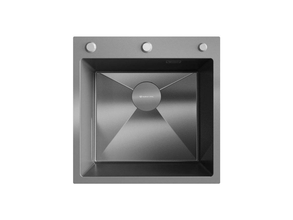 Мойка врезная ULGRAN steel 500х500х210*1,2 черная брашированная сталь AISI 304 с PVD-покрытием, сливная арматура, клапан-полуавтомат, коландер, дозатор