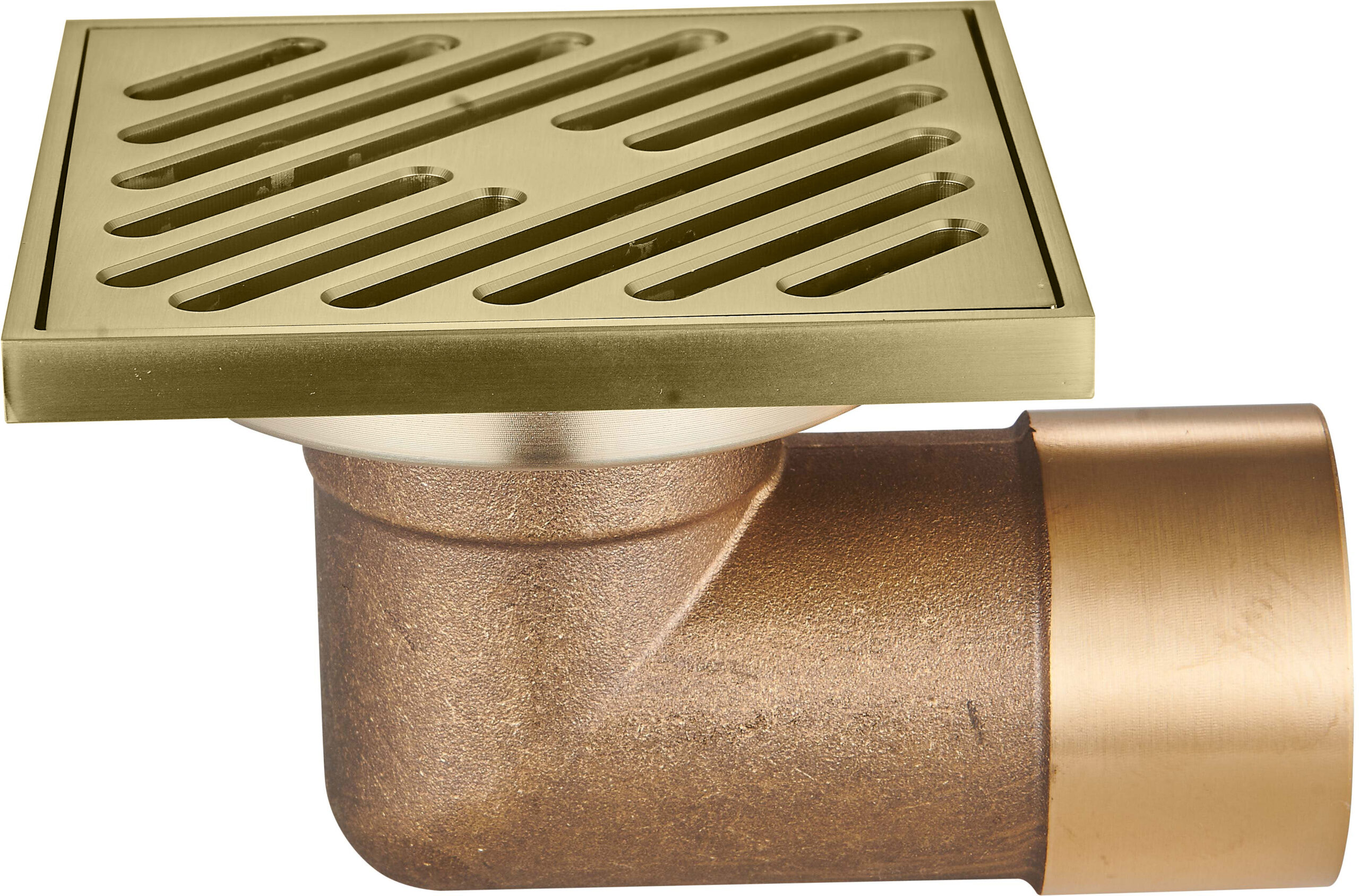 Душевой трап RAGLO ЗОЛОТОЙ САТИН 100х100 мм, латунь, затвор с горизонтальным выходом D50 мм и магнитным клапаном