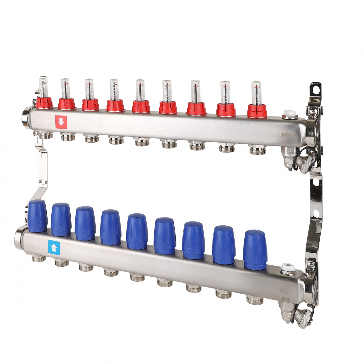 Коллектор 1"3/4"E/9 сборный из нержавеющей стали, с расходомерами, дренажным краном и воздухоотводчиком (0-5 л/мин), для систем отопления, Tmax=80С, Ру8, м/о 50мм MVI