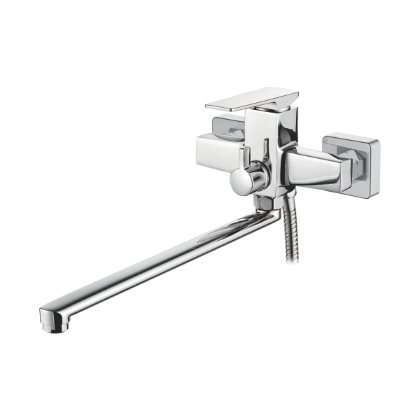 Смеситель для ванны универсальный с плоским изливом 350 мм, дивертор с керамическими пластинами, хром Accoona A71124