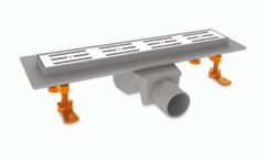 Душевой канал с решеткой из нерж. стали, с сухим клапаном, прямоугольный, с площадкой под керамическую плитку, 63*300, 360° горизонтальный выход ф50. Рисунок - полоска горизонтальная NOVA