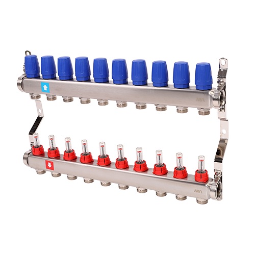 Коллектор 1"3/4"E/10 сборный из нержавеющей стали, с расходомерами (0-5 л/мин), для систем отопления, Tmax=80С, Ру8, м/о 50мм MVI