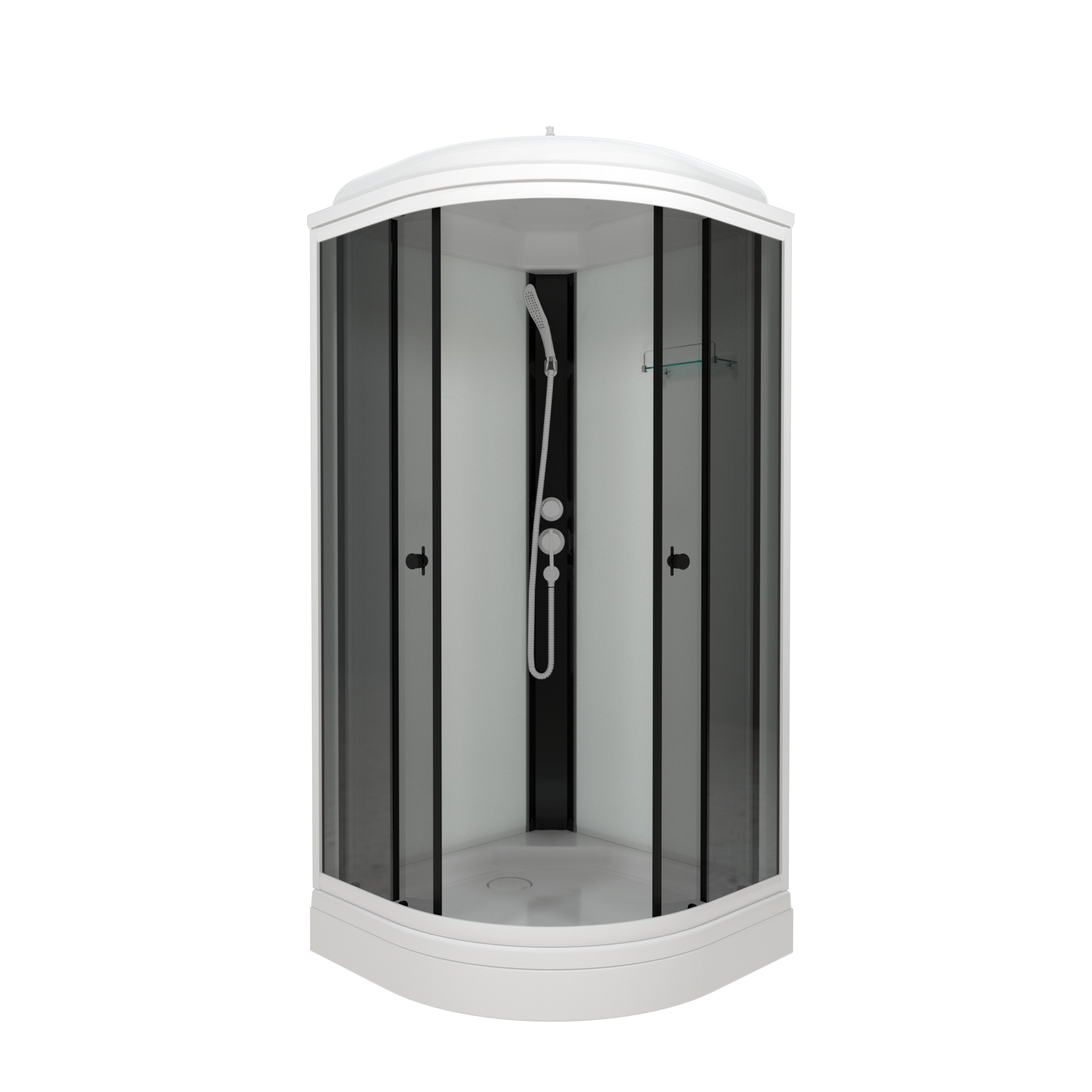 Душевая кабина ГРЕЙ-ВАЙТ А3 900х900 полукруглый низкий поддон с декоративной крышкой, стекло тонированное, профиль черный, белая задняя стенка ДН5 ТРИТОН (кабина/7мест+сифон D50мм)