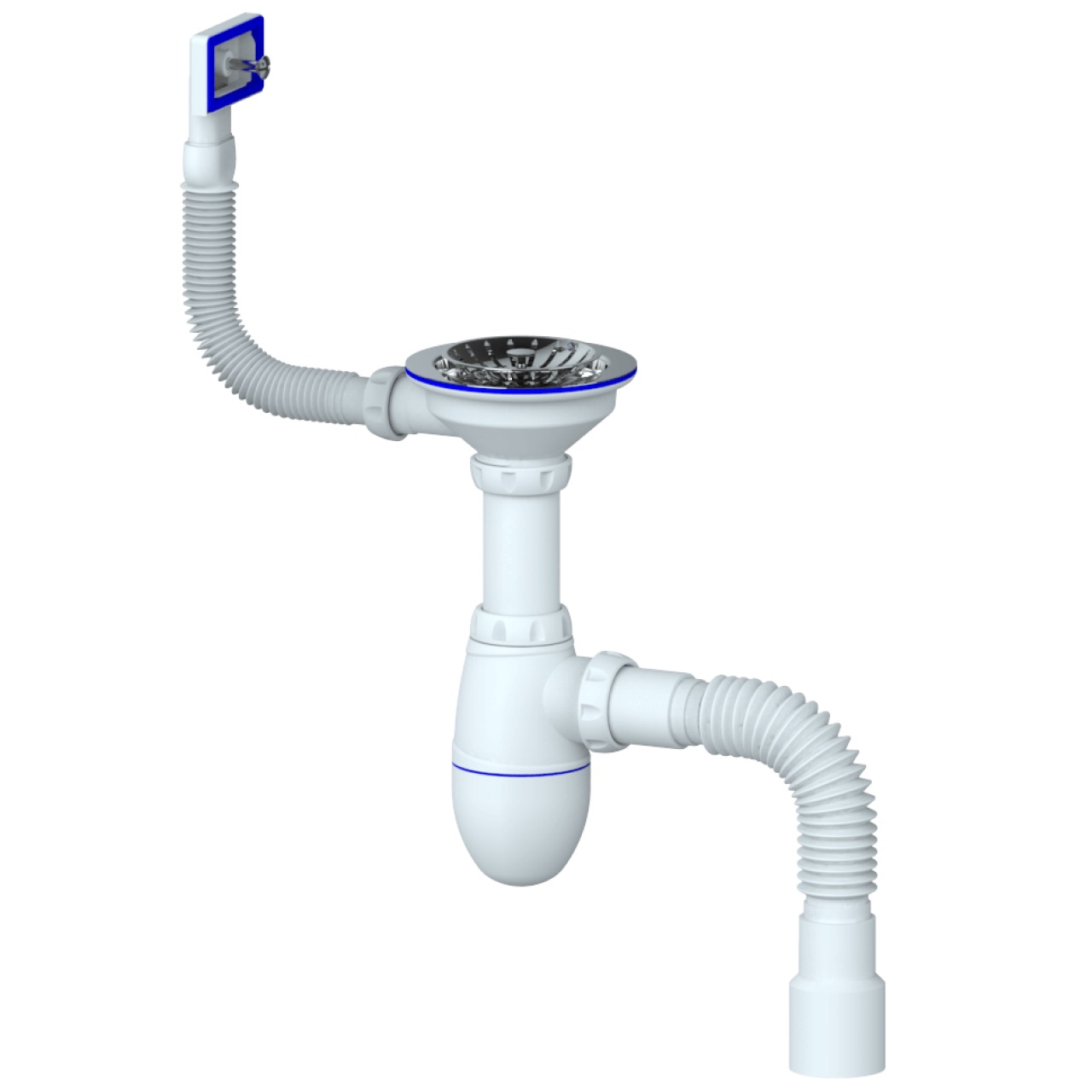 Сифон для мойки с нержавеющим выпуском 3"1/2, прямоугольным гибким переливом и гофрированным сливом Unicorn