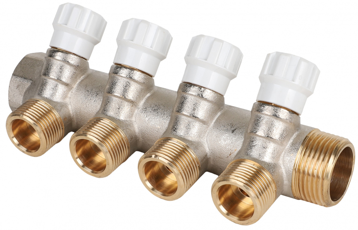 Коллектор латунный с регулирующими вентилями MVI 1"x3/4"x4 выхода Tmax=110С, Ру10, м/о 40мм MVI