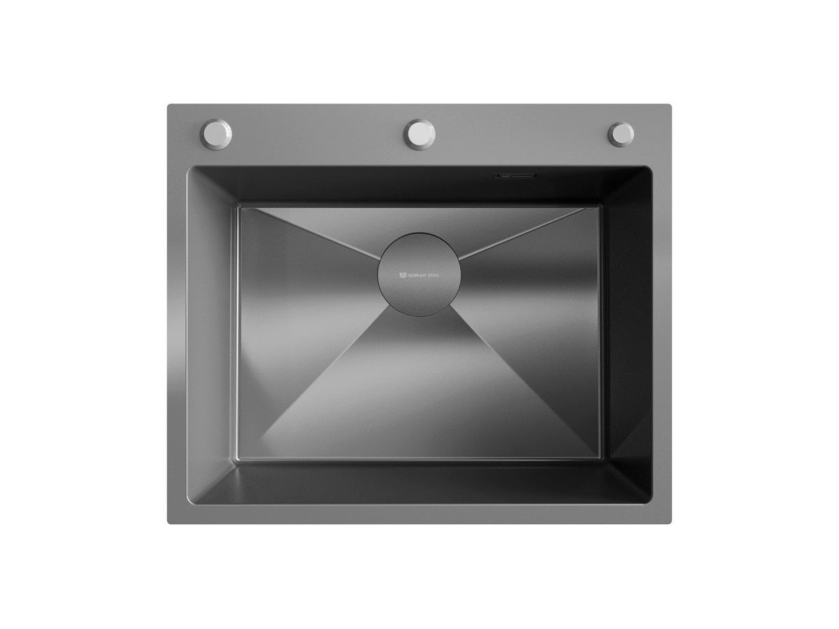Мойка врезная ULGRAN steel 600х500х210*1,2 вороненая сталь AISI 304 с PVD-покрытием, сливная арматура, клапан-полуавтомат, коландер, дозатор