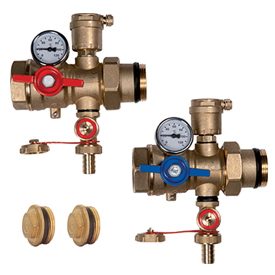 Комплект кранов для коллекторов Ду 1"x1" с автоматическим воздухоотводчиком, сливным краном, термометром и штуцером для датчика GIACOMINI