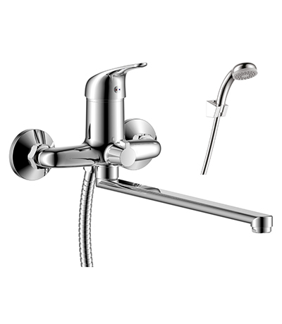 Смеситель для ванны одноручный с плоским изливом 350мм, дивертор с керамическими пластинами, картридж 40мм, RoSSinka SILVERMIX