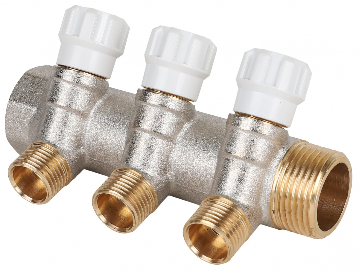 Коллектор латунный с регулирующими вентилями MVI 1"x1/2"x3 выхода Tmax=110С, Ру10, м/о 40мм MVI