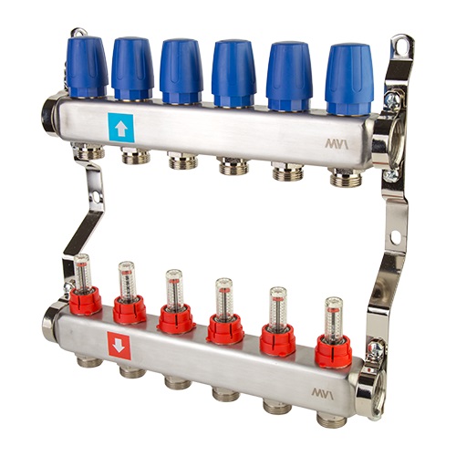 Коллектор 1"3/4"E/6 сборный из нержавеющей стали, с расходомерами (0-5 л/мин), для систем отопления, Tmax=80С, Ру8, м/о 50мм MVI