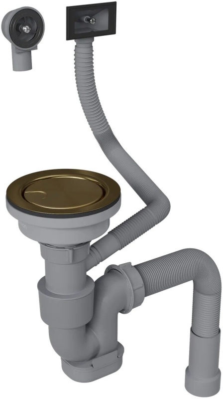 Сифон для одночашевой кухонной мойки с выпуском 3"1/2, круглым и прямоугольным гибким переливом, гофрированным сливом Reflexion Arno, брашированное золото