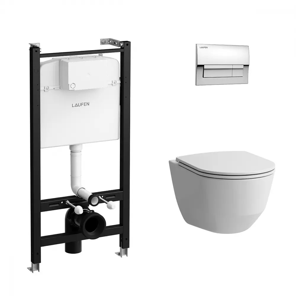 ПЭК LAUFEN PRO Система инсталляции+Подвесной унитаз Rimless+Смывная клавиша 2-х режимная, хром глянцевый+Крышка-сиденье Slim, SoftClose