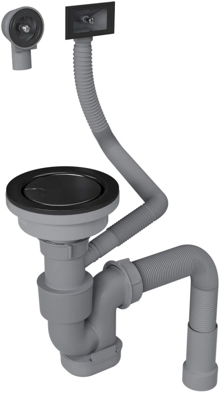 Сифон для одночашевой кухонной мойки с выпуском 3"1/2, круглым и прямоугольным гибким переливом, гофрированным сливом Reflexion Arno, оружейная сталь