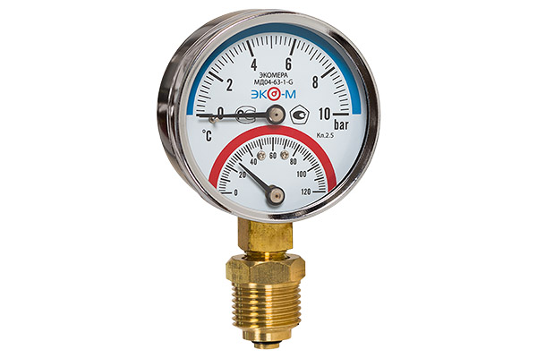 Термоманометр МД04-63мм, 0..1МПа, 0..120С, G1/4 с переходником на G1/2 радиальный