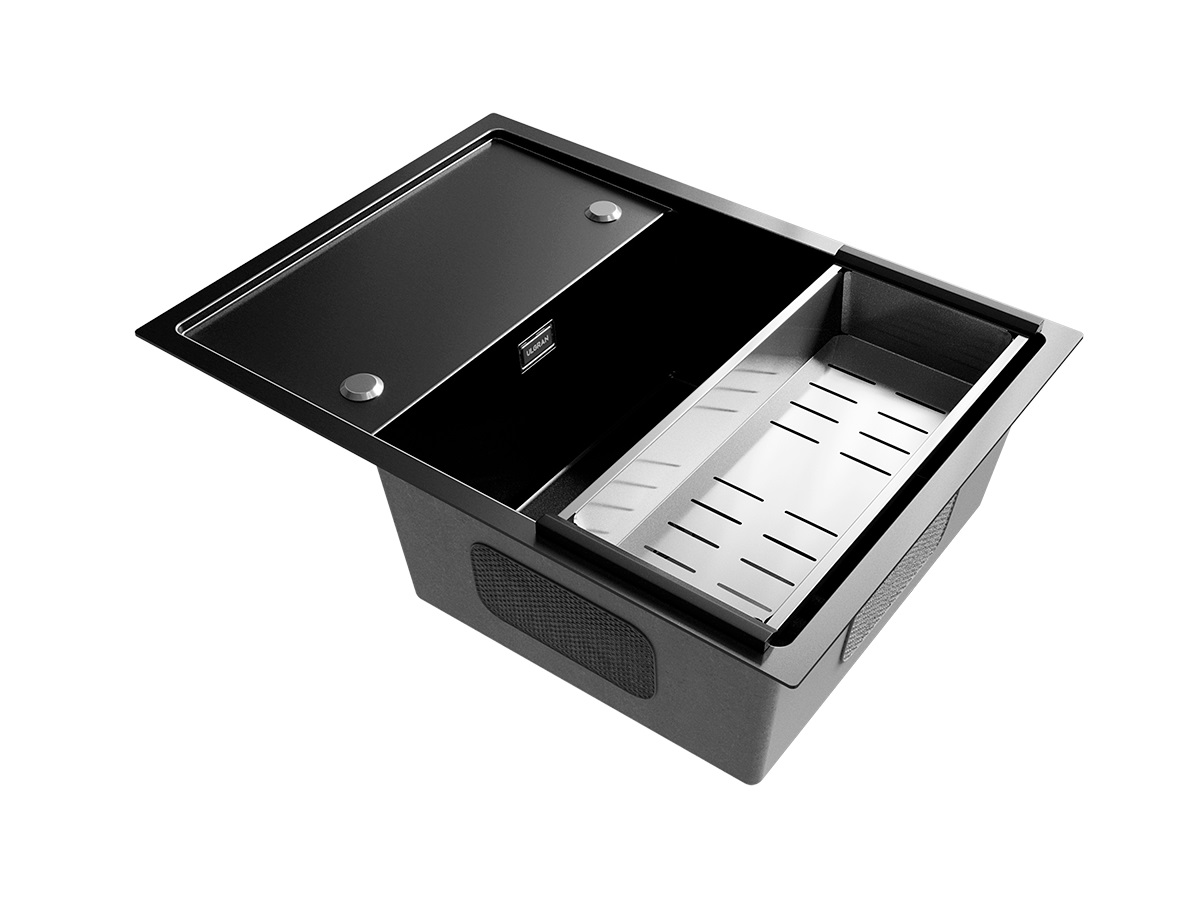 Мойка врезная реверсивная ULGRAN steel 680х500х210*1,2 вороненая сталь AISI 304 с PVD-покрытием, сливная арматура, коландер