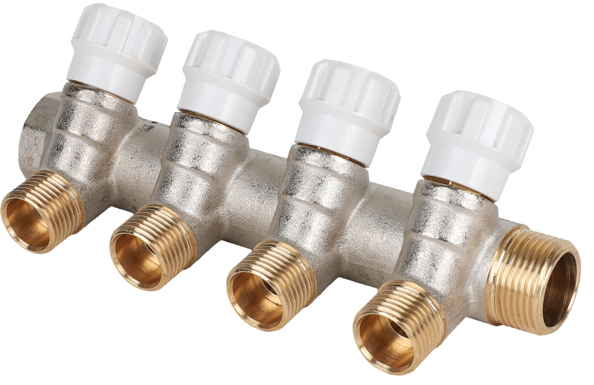 Коллектор латунный с регулирующими вентилями MVI 3/4"x1/2"x4 выхода Tmax=110С, Ру10, м/о 40мм MVI