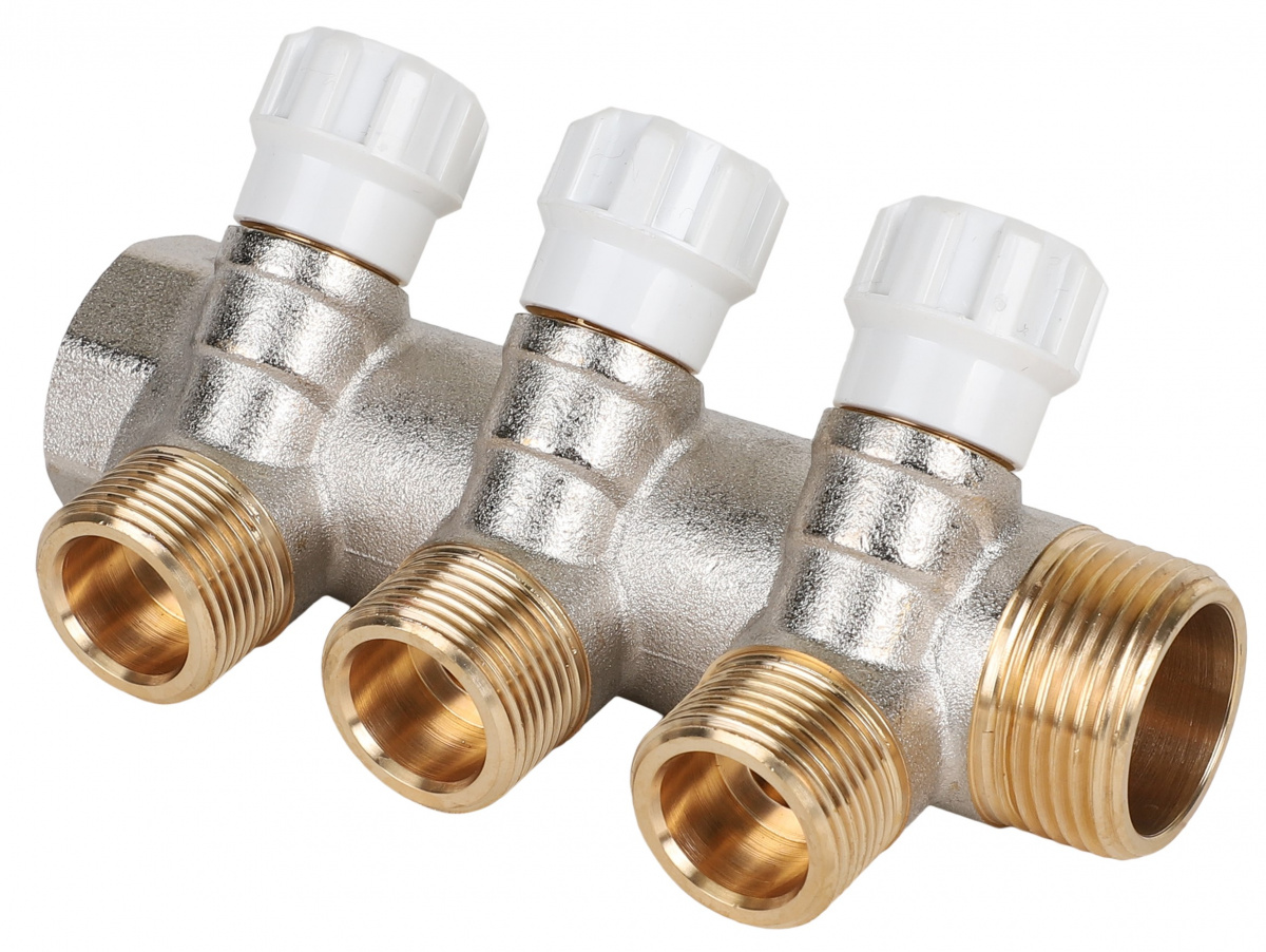 Коллектор латунный с регулирующими вентилями MVI 1"x3/4"x3 выхода Tmax=110С, Ру10, м/о 40мм MVI