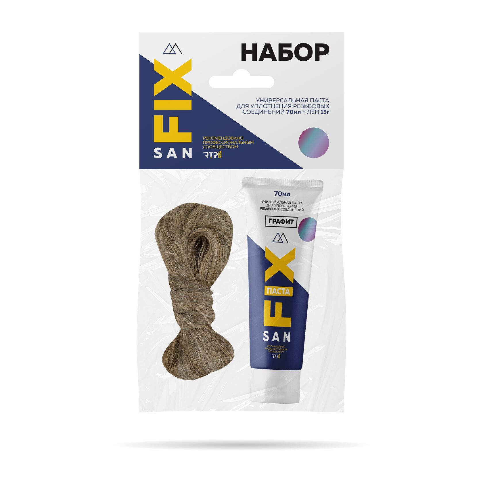 Набор монтажный: универсальная паста для уплотнения резьбовых соединений + лен (70мл+15гр), в тубе, графит, SANFIX
