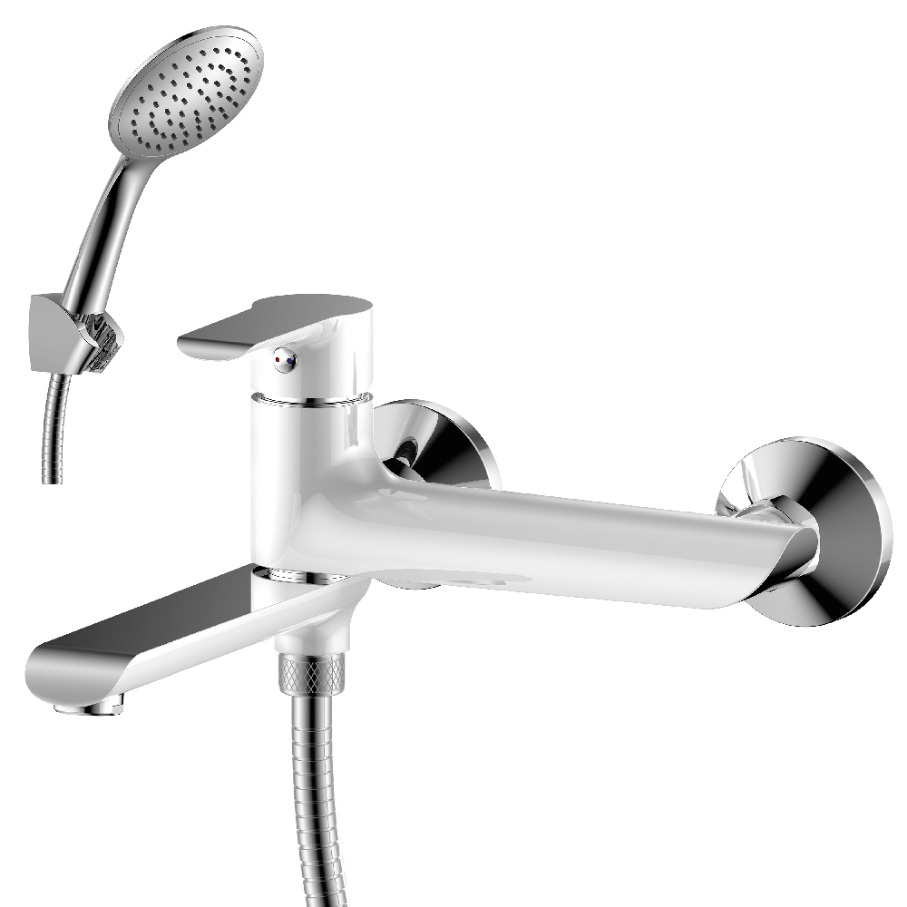 Смеситель для ванны одноручный с плоским изливом 170мм, дивертор с керамическими пластинами, картридж 35мм, хром/белый RoSSinka SILVERMIX