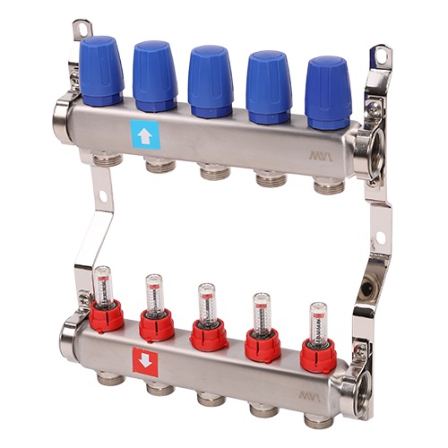 Коллектор 1"3/4"E/5 сборный из нержавеющей стали, с расходомерами (0-5 л/мин), для систем отопления, Tmax=80С, Ру8, м/о 50мм MVI