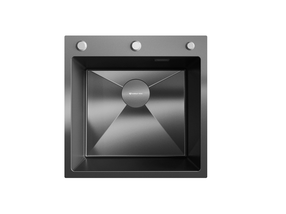 Мойка врезная ULGRAN steel 500х500х210*1,2 вороненая сталь AISI 304 с PVD-покрытием, сливная арматура, клапан-полуавтомат, коландер, дозатор