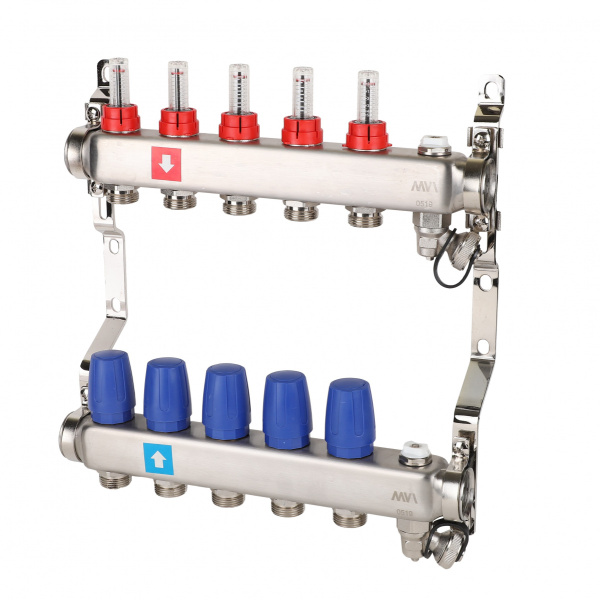 Коллектор 1"3/4"E/5 сборный из нержавеющей стали, с расходомерами, дренажным краном и воздухоотводчиком (0-5 л/мин), для систем отопления, Tmax=80С, Ру8, м/о 50мм MVI