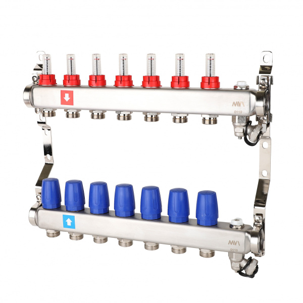 Коллектор 1"3/4"E/7 сборный из нержавеющей стали, с расходомерами, дренажным краном и воздухоотводчиком (0-5 л/мин), для систем отопления, Tmax=80С, Ру8, м/о 50мм MVI