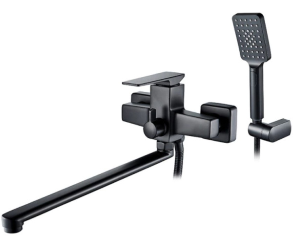 Смеситель для ванны универсальный с плоским изливом 350 мм, дивертор с керамическими пластинами, черный Accoona A71129F