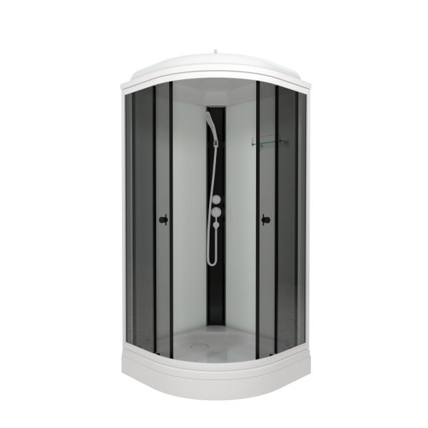 Душевая кабина ГРЕЙ-ВАЙТ А3 900х900 полукруглый низкий поддон с декоративной крышкой, стекло тонированное, профиль черный, белая задняя стенка ДН5 ТРИТОН (кабина/7мест+сифон D50мм)