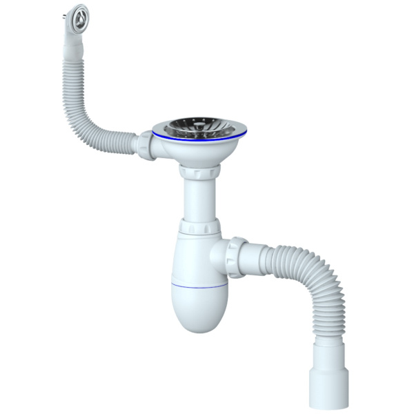 Сифон для мойки с нержавеющим выпуском 3"1/2, круглым гибким переливом и гофрированным сливом Unicorn