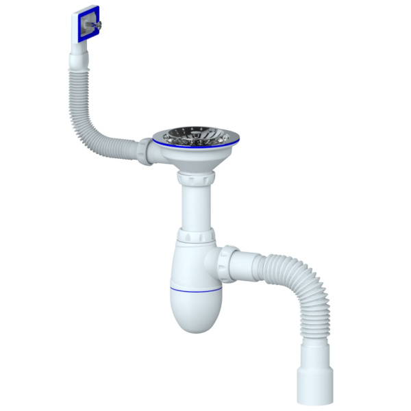 Сифон для мойки с нержавеющим выпуском 3"1/2, прямоугольным гибким переливом и гофрированным сливом Unicorn