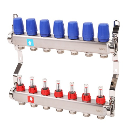 Коллектор 1"3/4"E/7 сборный из нержавеющей стали, с расходомерами (0-5 л/мин), для систем отопления, Tmax=80С, Ру8, м/о 50мм MVI