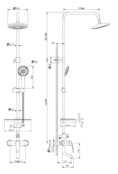 Душевая система LEMARK LINARA со смесителем для ванны с верхней душевой лейкой "Тропический дождь", с поворотным изливом 131 мм