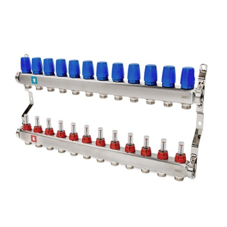 Коллектор 1"3/4"E/12 сборный из нержавеющей стали, с расходомерами (0-5 л/мин), для систем отопления, Tmax=80С, Ру8, м/о 50мм MVI