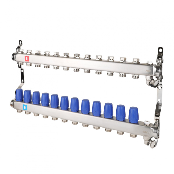 Коллектор 1"3/4"E/12 сборный из нержавеющей стали, без расходомеров, c дренажным краном и воздухоотводчиком, для систем отопления, Tmax=80С, Ру10 MVI