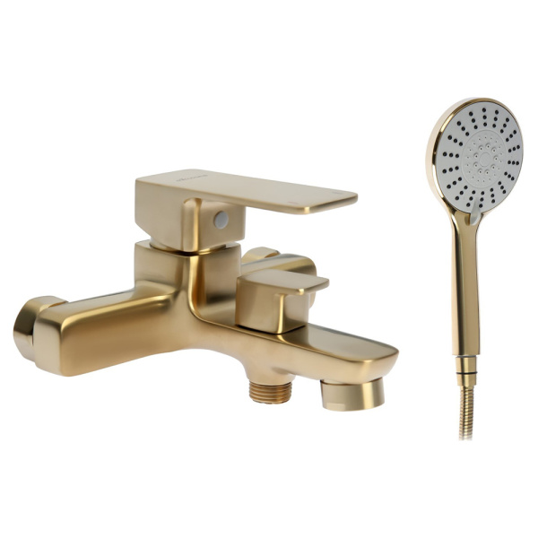 Смеситель для ванны, короткий излив, керамический переключатель, 3-реж.лейка, золотой сатин Accoona A63126AW