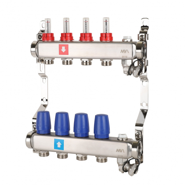Коллектор 1"3/4"E/4 сборный из нержавеющей стали, с расходомерами, дренажным краном и воздухоотводчиком (0-5 л/мин), для систем отопления, Tmax=80С, Ру8, м/о 50мм MVI