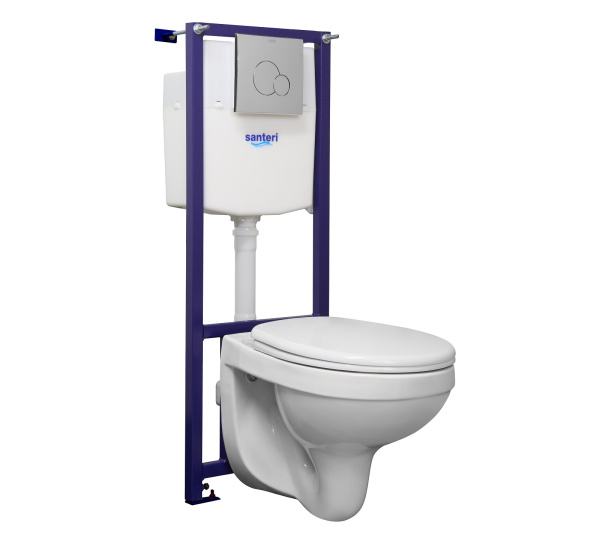Комплект 4 в 1 Альфа унитаз подвесной+инсталляция+хромированная кнопка смыва+сиденье полипропилен Santeri